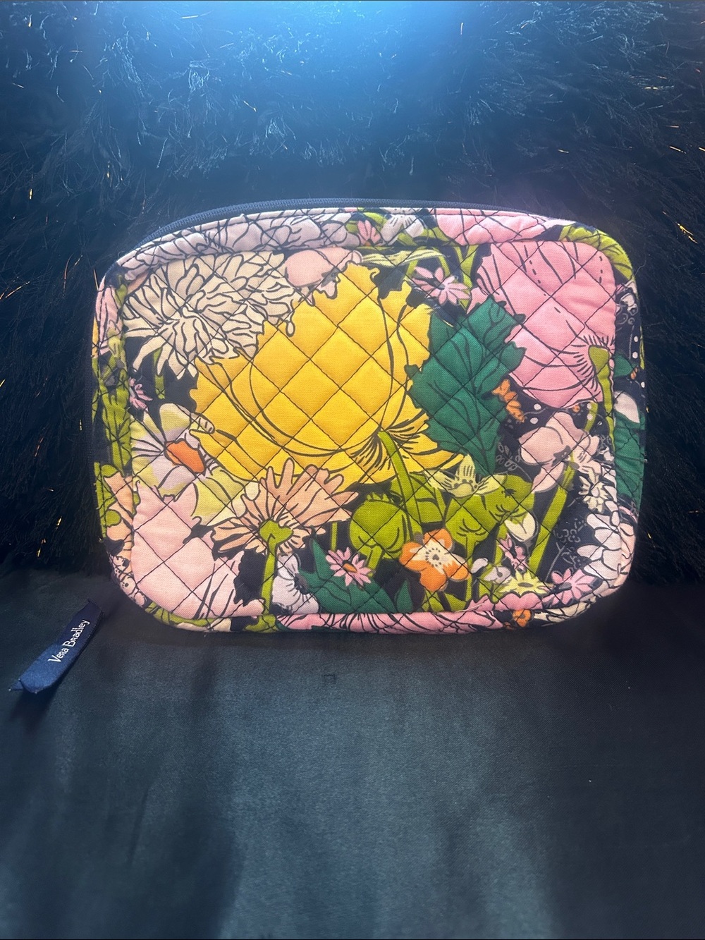 Vera Bradley Pink Floral Quilted Makeup Case with Yellow Accents